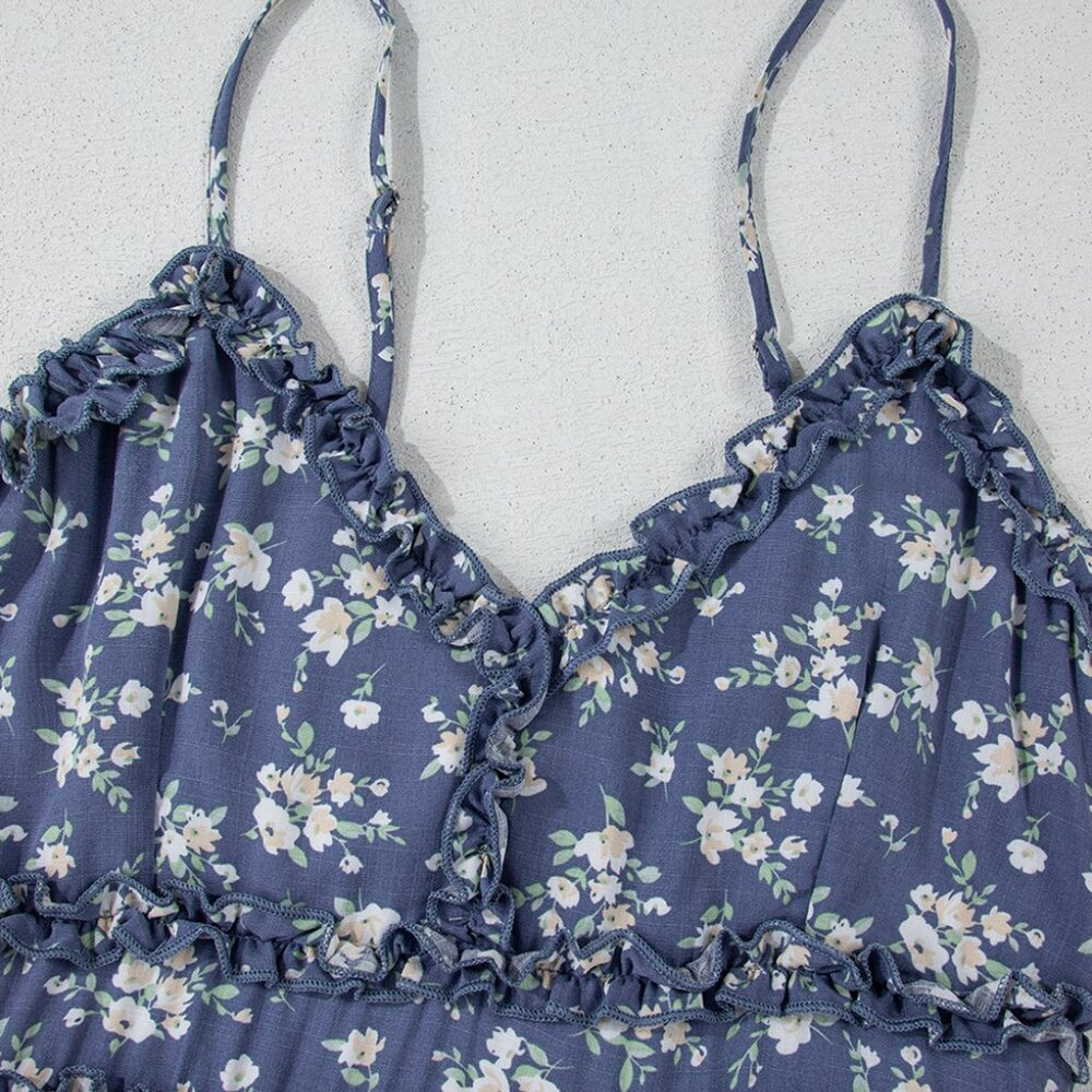 B266 Blue Floral Spaghetti Strap Frilled V Neck Tiered Midi Dress - Picture 16 of 16